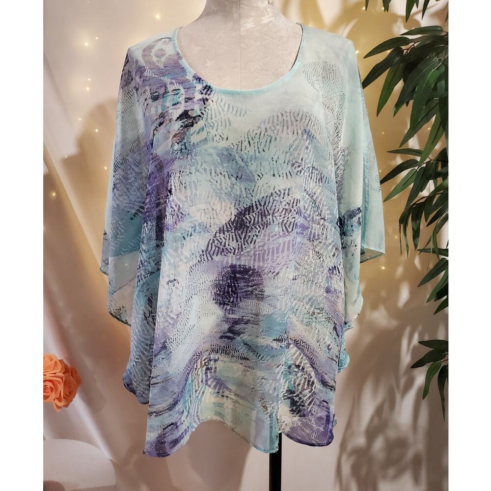 Chicos Abstract Print Flutter Sleeve Sheer Overlay Poncho Blouse Top Size L/XL